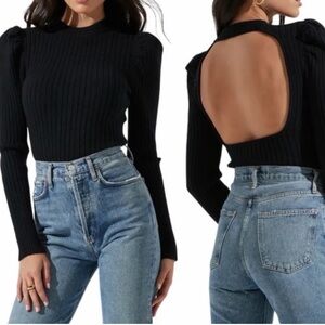 Astr Black Ribbed Open-Back Blouse